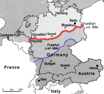 map of German dialects with Benrath and Germersheim Line. Düsseldorf, Kassel, Magdeburg, Berlin, Frankfurt a. d. Oder are above the Benrath Line. Frankfurt am Main is between the Benrath and Germersheim Line. And Stuttgart Bern, Munich, Vienna are below the Germersheim Line