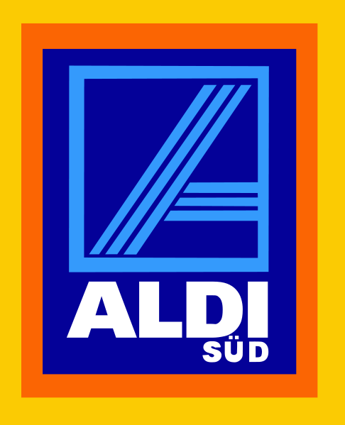 Aldi Süd logo - light blue A in a square on dark blue rectangle and orange and red border lines. Aldi Süd is written in white at the bottom of the dark blue rectangle - http://www.aldi-sued.de/