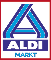 Aldi Markt logo - the letter A constructed out of dark and light blue lines in front of a white background with a red border standing on a dark blue rectangle that contains the name Aldi in white. Followed underneath by light blue Markt - http://www.aldi-sued.de/