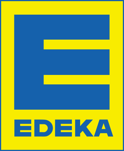 Edeka logo - Large blue E on top of small, blue logoname EDEKA, in front of a yellow background with a thin blue border  - http://www.tegut.com/