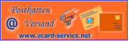 An advertisment forecard-service.net: Orange rectangular background, blue text on the left says in blue Postkarten Versand @ www.ecard-service.net, in the center a graphic depiction of a regular US mail box and on the right a card and its envelop with a stamp.