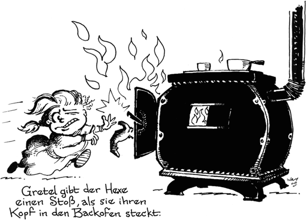 Gretel shoves witch into oven