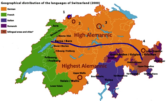 Geographical distribution of the languages of Switzerland. Areas in orange on the right side show German speaking areas with High Alemanic and Highest Alemanic. Green areas show French speaking Swiss areas. Purple areas show the Italian speaking parts of Switzerland. Romansch speaking areas are shown as lilac and shaded areas  are bilingual cities/areas.