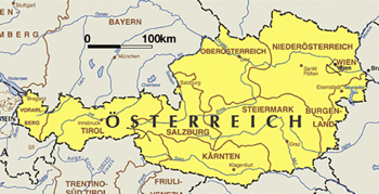 Map of Austria in yellow with regions: Tirol, Salzburg, Kärten, Steiermark, Burgenland, Wien, Niederösterreich, Oberösterreich. Some of the surrounding regions in other countries are also visible (e.g. Trentino-Südtirol, Bayern, Friuli-Venezia)