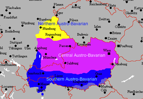 Austrian German dialect map - Northern Austria yellow area is Northern Austro-Bavarian, Central Austro-Bavarian is shown as pink and South Austria is Southern Austro-Bavarian blue area.