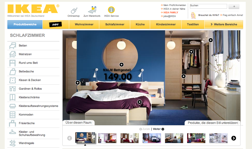 Homepage of Ikea with a modern bedroom with bold colors. The walls are blue, furnitures white and bedsheets are purple - http://www.ikea.com/de/
