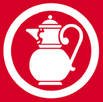 Kaisers logo - white jug inside a circle with white borderline, in front of a red square - http://www.kaisers.de/