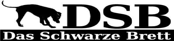 Logo for Das Schwarzes Brett - Black dog sniffing on a large DSB standing on a 'Das Schwarze Brett' white logo name inside a black rectangle.