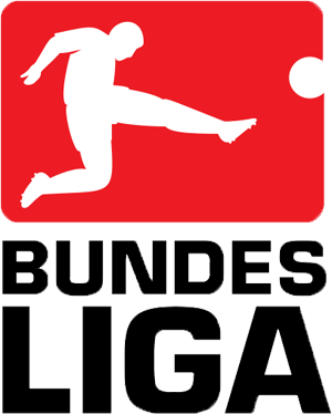 Fußball-Bundesliga logo - Shilouette of football player cicking a ball into the air in white in front of red rounded rectangle above BUNDES LIGA on two lines.