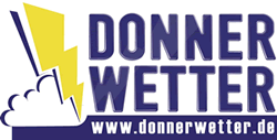 Donner Wetter logo: graphic cloud and yellow lighting bolt art followed by DONNER WETTER in blue and www.donnerwetter.de in white on blue background, all stacked on three lines