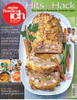 'Meine Familie und Ich' magazine cover: Title says 'Hits und Hack' and cover photo shows a meatloaf on a plate with some slices sliced off and some carrot and green beans on each side