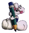 A white cartoon mouse in a blue tank top with oversized feet and ears is trying to write with an oversized green pencil.