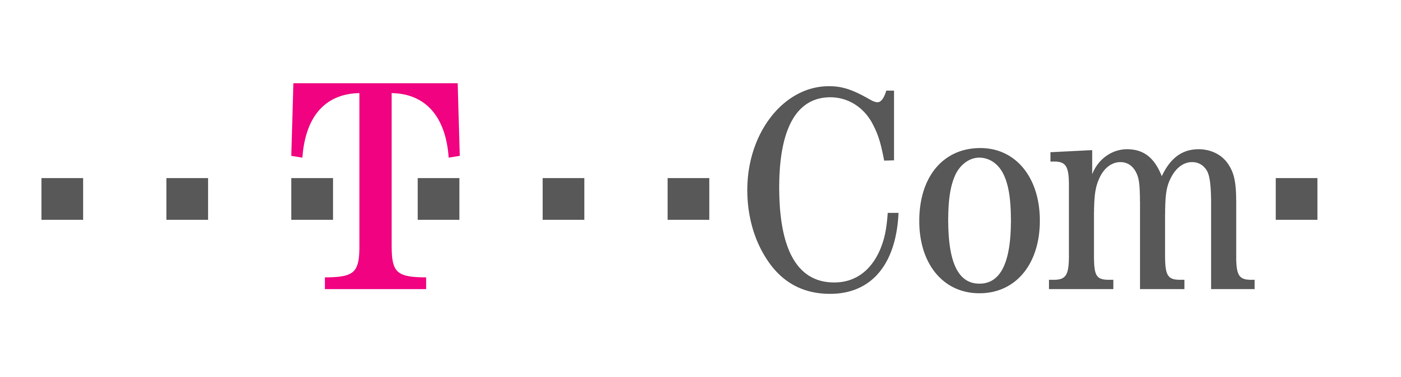 T-com logo: T is pink with three square dots on each side and is followed by a gray text 'Com' which is follwed by a gray square dot.