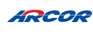 ARCOR logo: Blue, italicized, bold letters. The A is connected to the top part of the R with a red swoop. A white line goes runs horizontally mid-height through all letters.