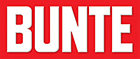 Bunte magazine logo: Bunte written in white, bold letters placed in front of a red rectangular background.