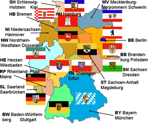 Map of Germany with the name and coat of arms for all 16 Bundesländer (states of Germany) which are all marked with different colors on the map: Schleswig-Holstein, Hamburg, Mecklenburg-Vorpommern (Mecklenburg-West Pomerania), Bremen, Brandenburg, Berlin, Niedersachsen (Lower Saxony), Sachsen-Anhalt (Saxony-Anhalt), Sachsen (Saxony), Thüringen (Thuringia), Hessen (Hesse), Nordrhein-Westfalen (North Rhine-Westphalia), Rheinland-Pfalz (Rhineland-Palatinate), Saarland, Baden-Württemberg and Bayern (Bavaria