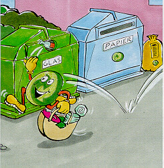 Illustration of an antropomorphic recycling symbol which is throwing a glas bottle into a green glass recycling container that is standing next to a blue paper recycling container and an adjacent yellow bag (Gelbersack) outside next to a concrete space alongside a rose colored house wall. The half circle like bag of the recycling symbol contains a lot more recycling objects, like an open, empty can.