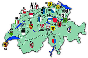 Map of Switzerland in green with abbreviation and coat of arms for all 26 Swiss cantons: AG, AI, AR, BE, BL, BS, FR, GE, GL, GR, JU, LU, NE, NW, OW, UR, SG, SH, SO, SZ, TG, TI, VD, VS, ZG, ZH