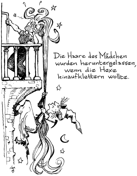 Witch climbing by girl's hair
